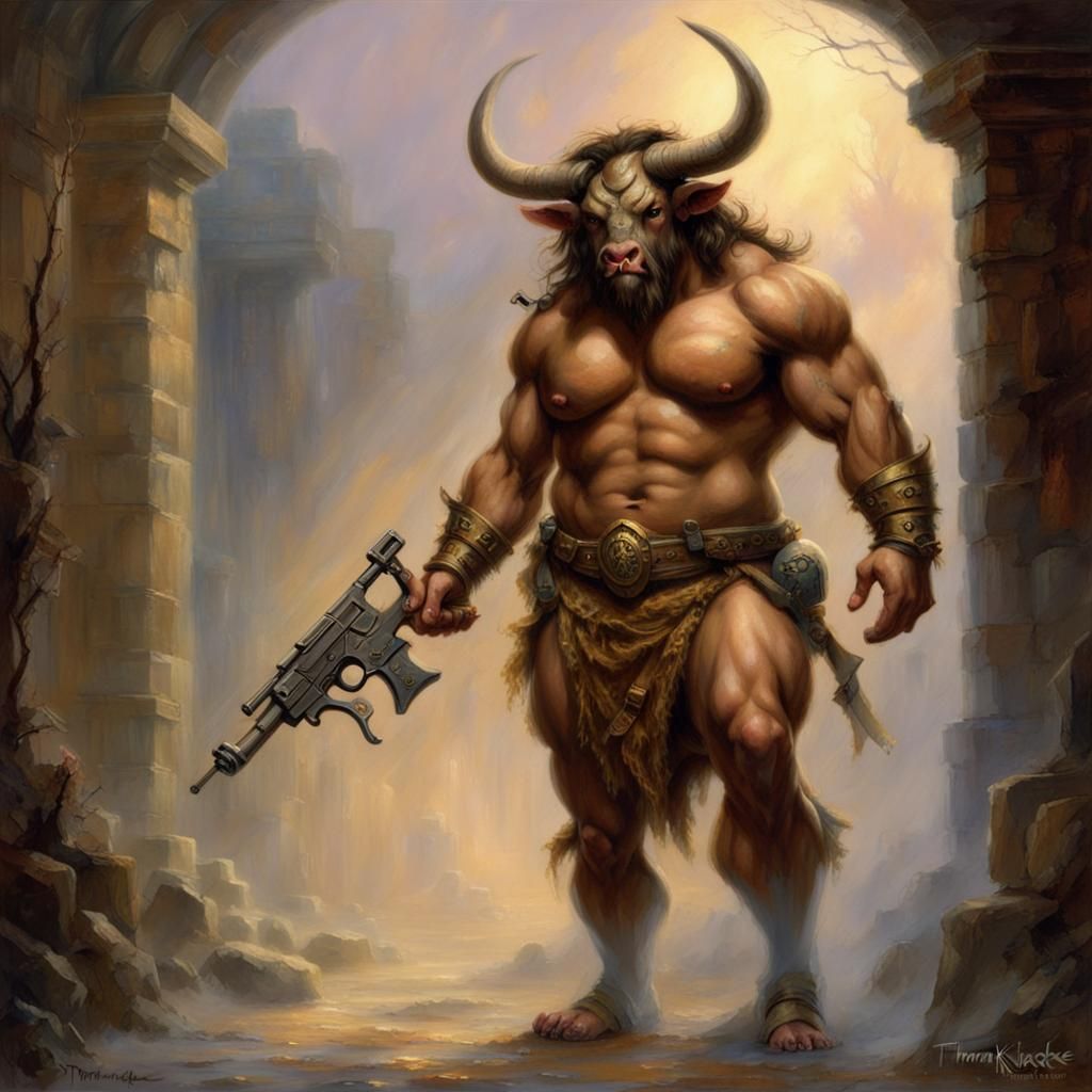 Minotaur Guarding Doorway in Ethereal Fantasy Style