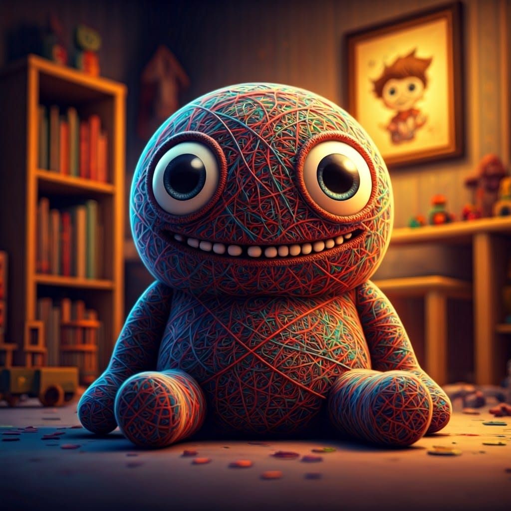 Whimsical Yarn Creature in a Kid's Room