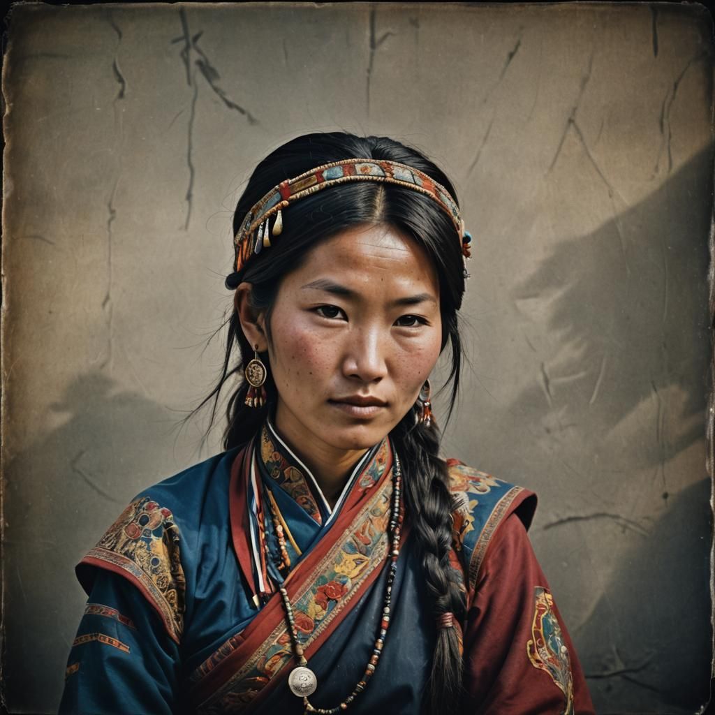 Beautiful Tibetan Woman Portrait in Traditional Dress