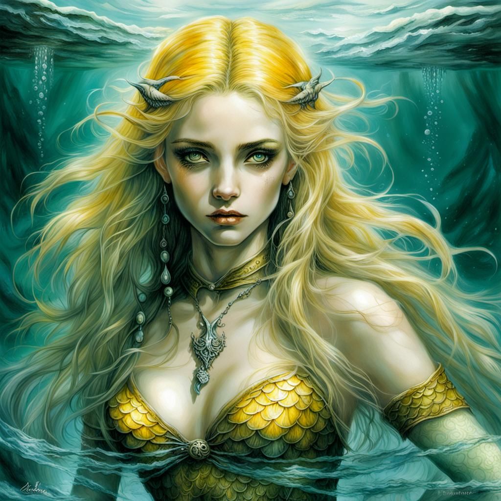 Dark Yellow Haired Mermaid in Fantasy Art Style