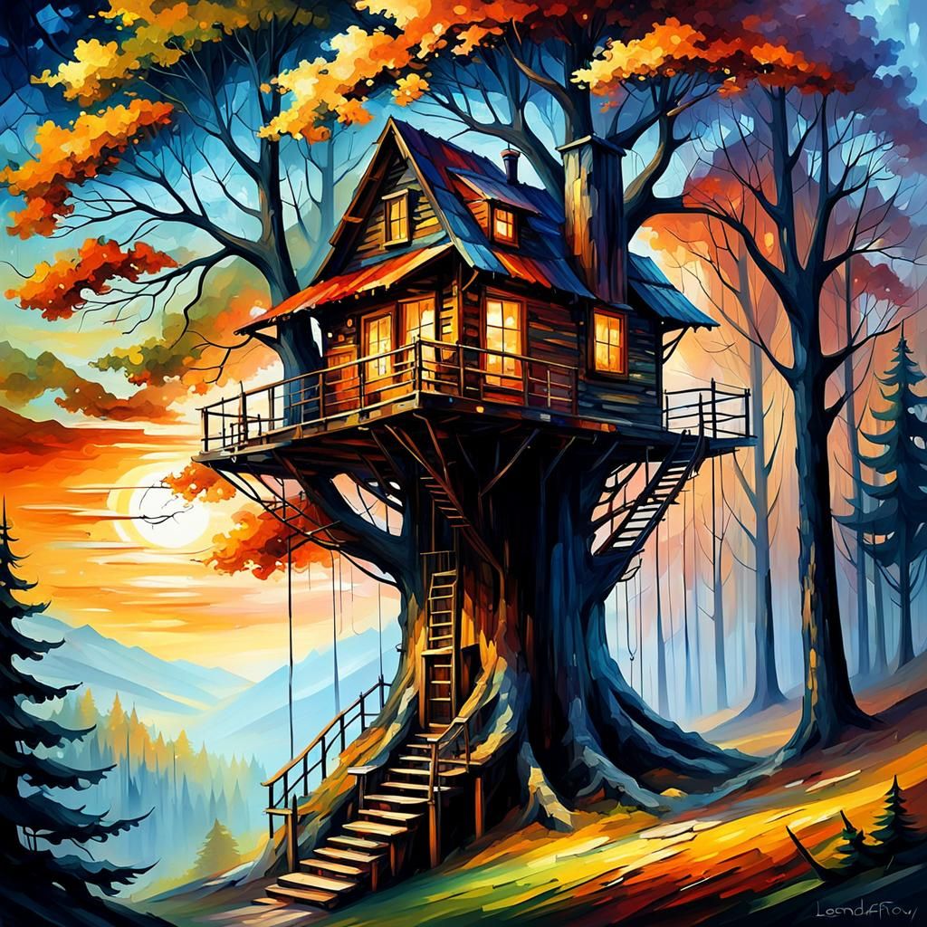 a cabin perched in a very high tree warm colors volumetric l...