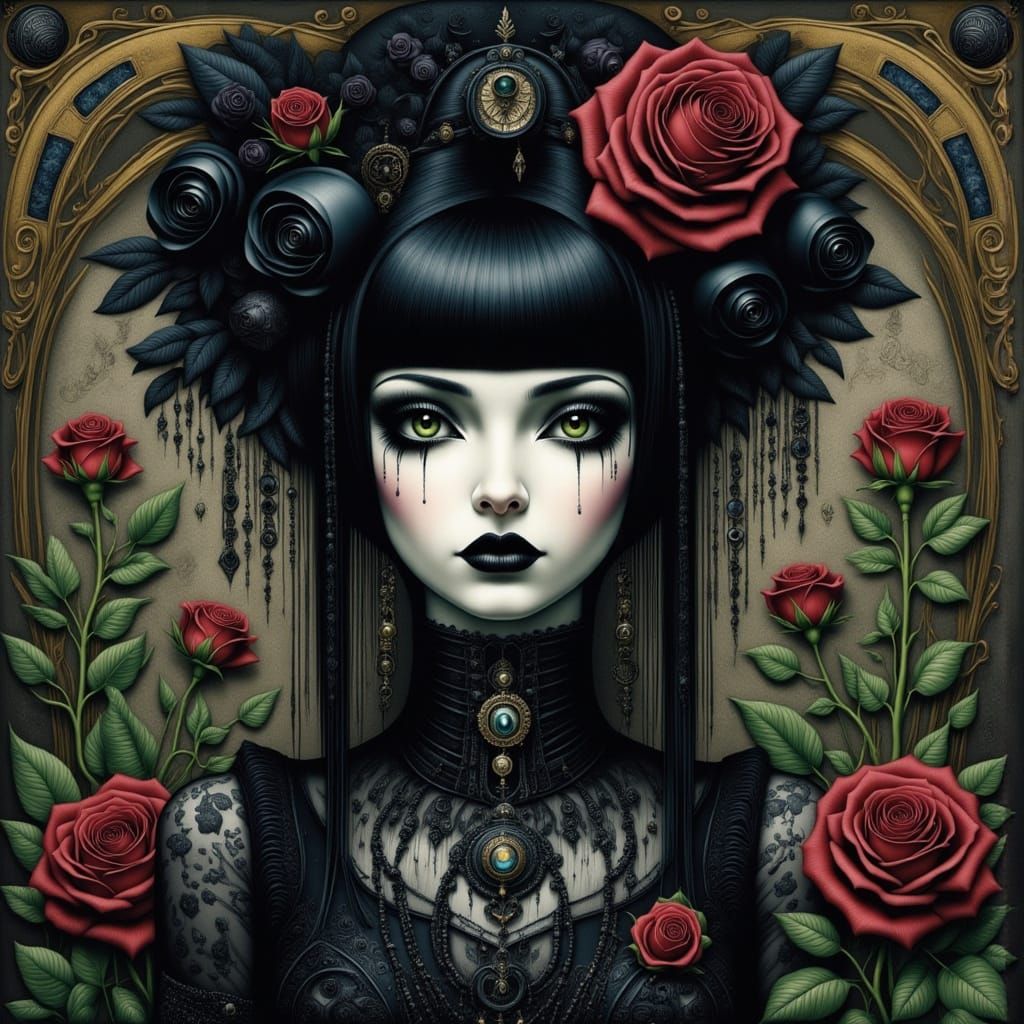 Beautiful Goth Woman with Piercing Eyes in Victorian Style