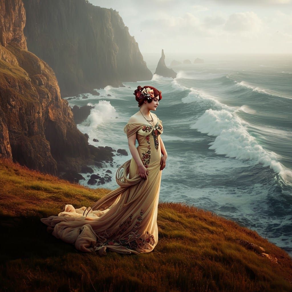 Art Nouveau Woman Contemplates Ocean View