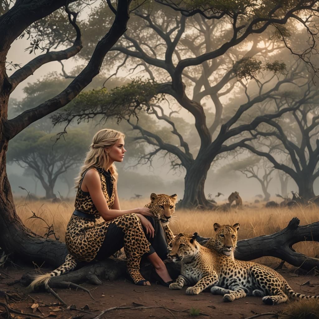 Girl with Leopard in Misty Wilderness Scene