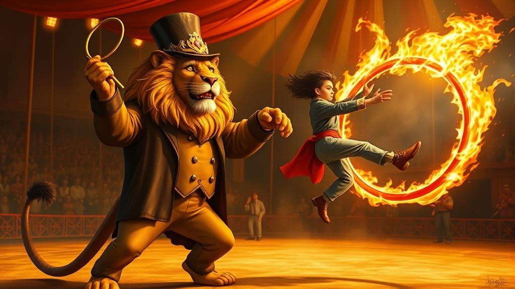 Victorious Lion and Human in Flaming Hoop Circus