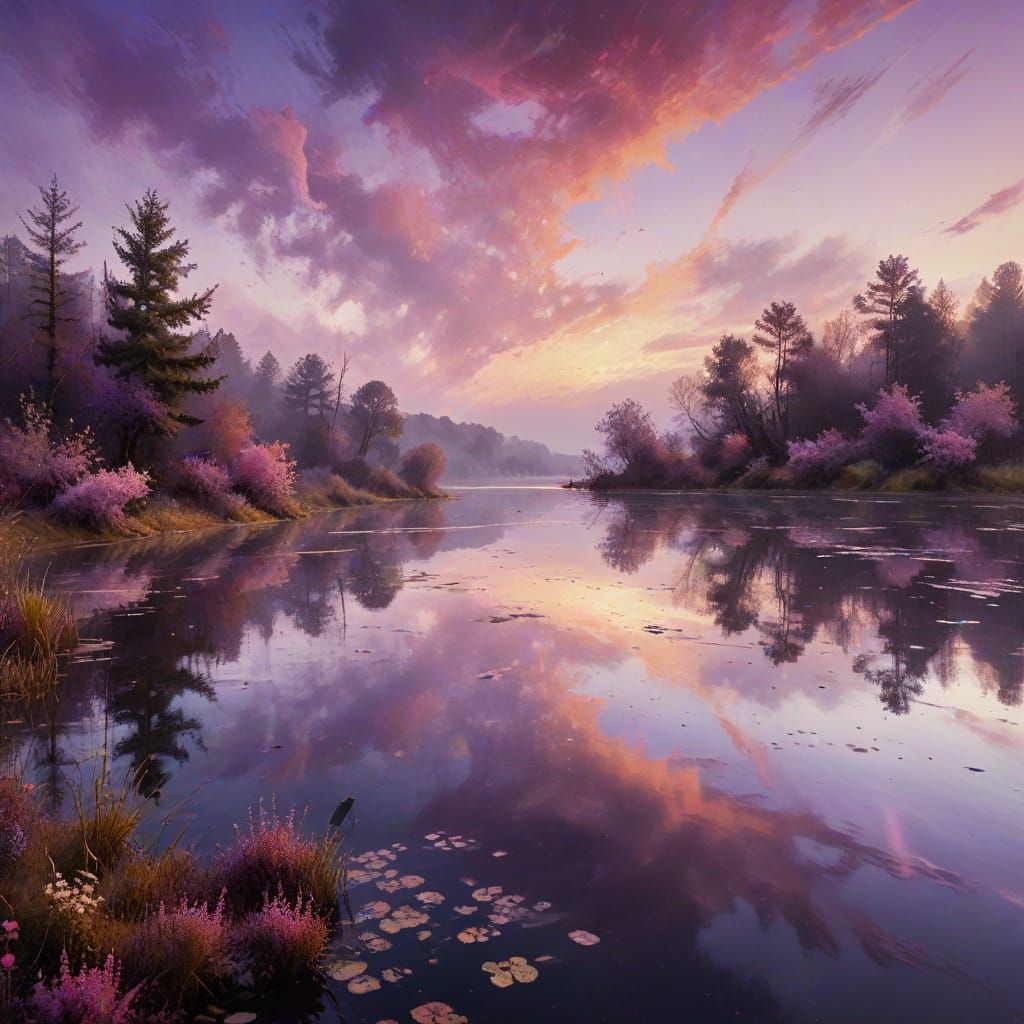 Pollock-Inspired Dusk Lake in Vibrant Watercolor