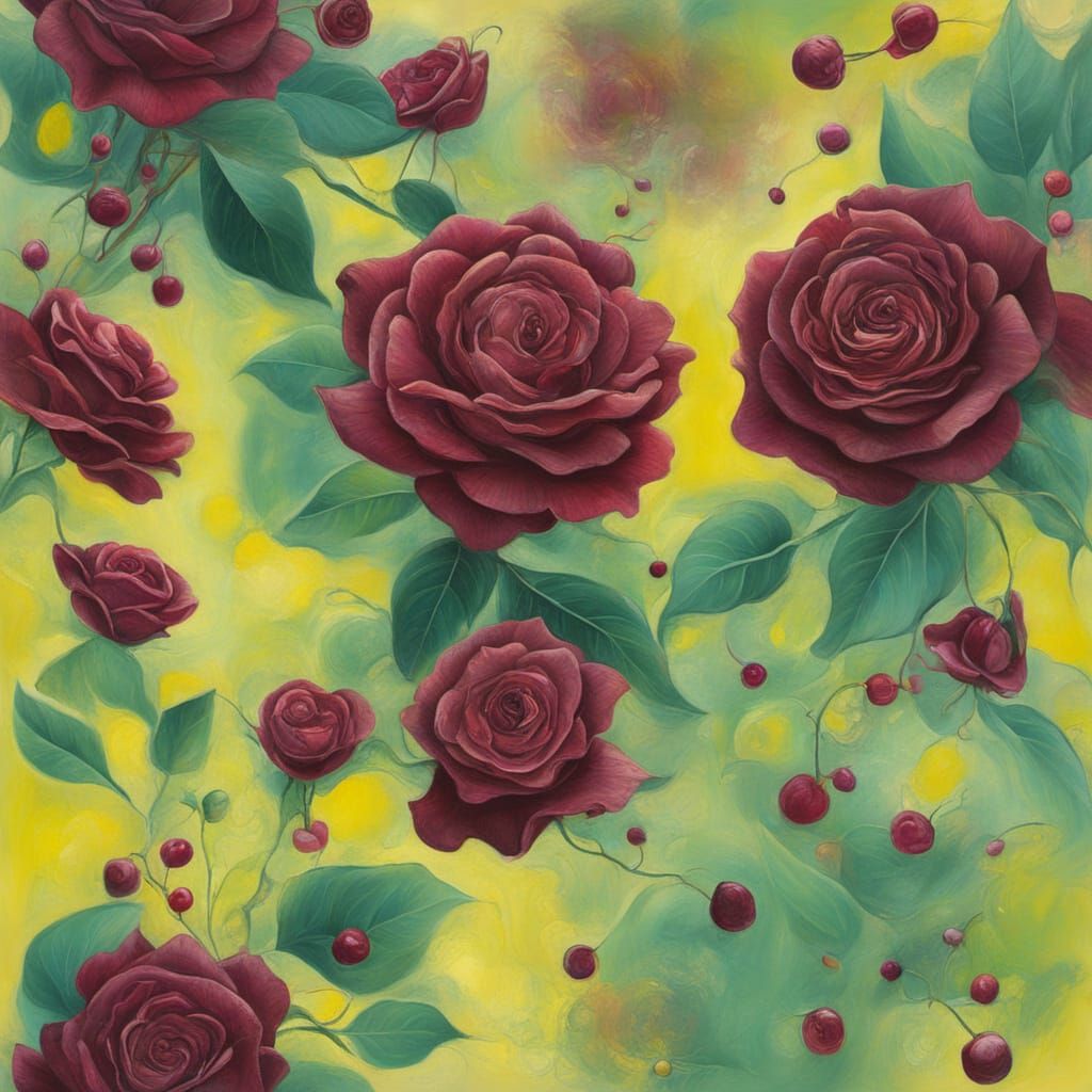 Surreal Yellow Green Solitaire with Persian Rose Bouquet