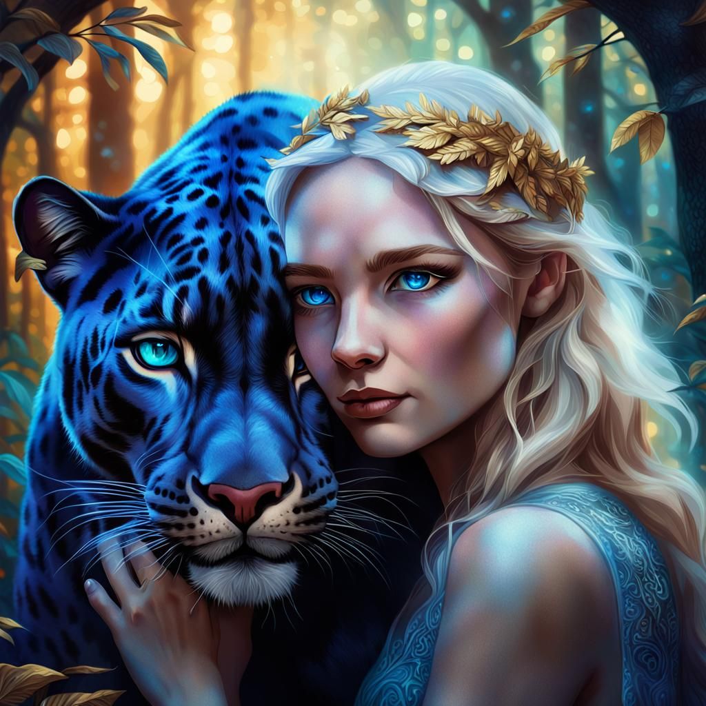 Woman and Panther in Mystical Forest, Art Nouveau