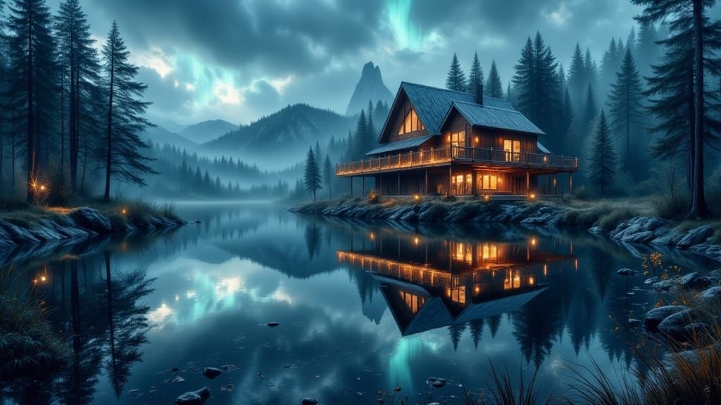Majestic Cabin Reflecting Aurora Borealis on Misty Lake