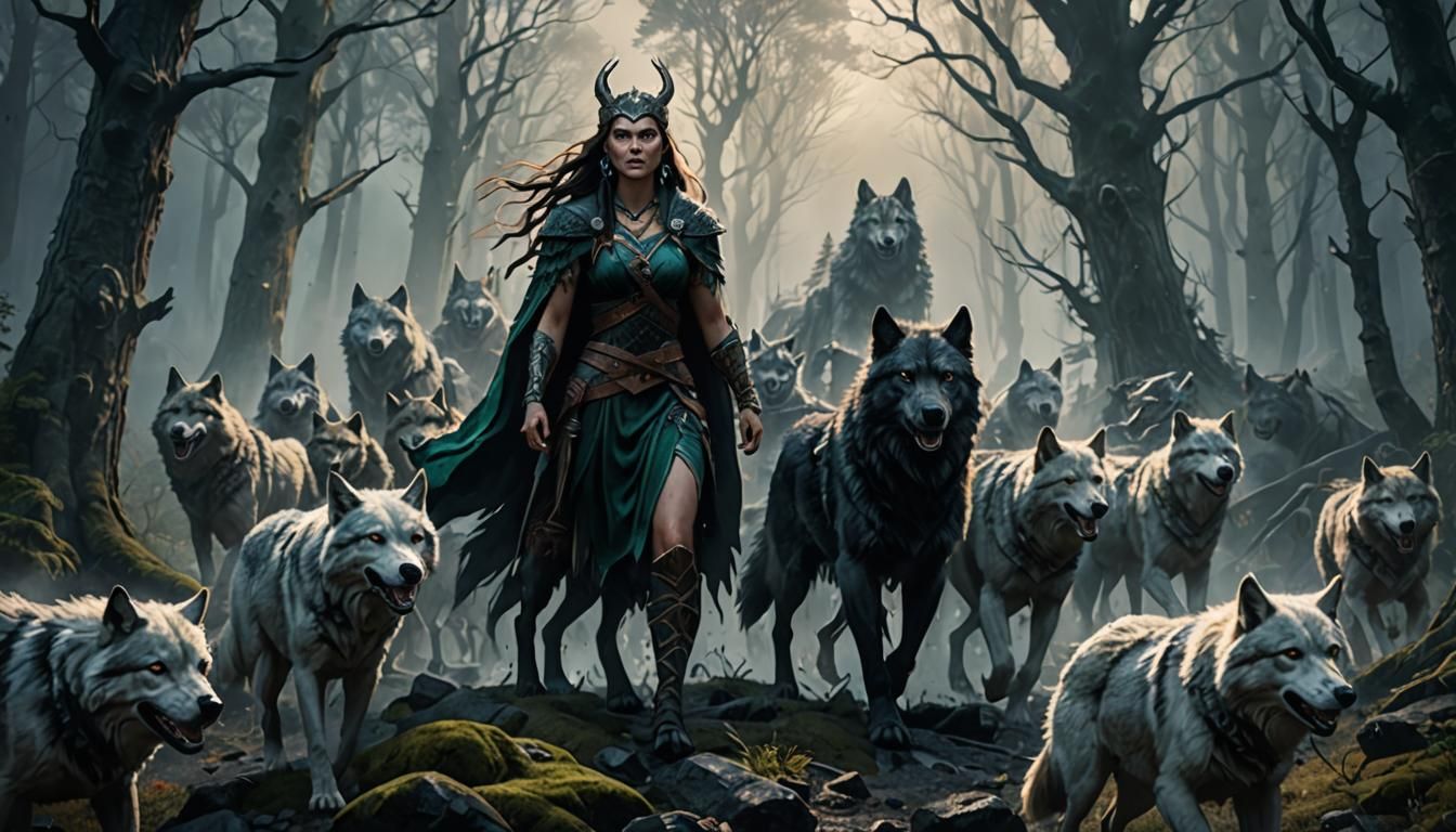 Hela and Dire Wolves in Foggy Forest