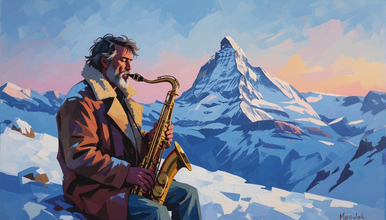 Bold Impasto Jazz Musician on Snowy Mountain Peak