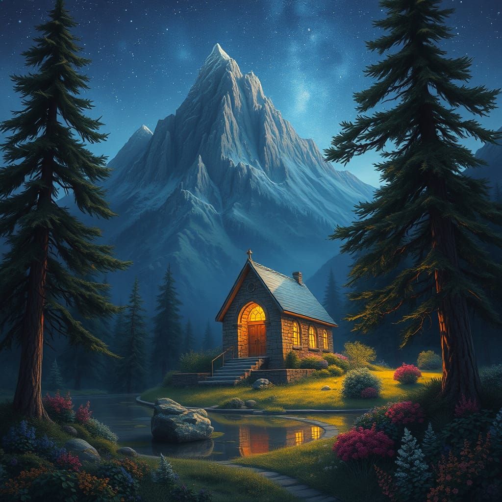 Starlit Mountain Glade Chapel in Atmospheric Landscape Art