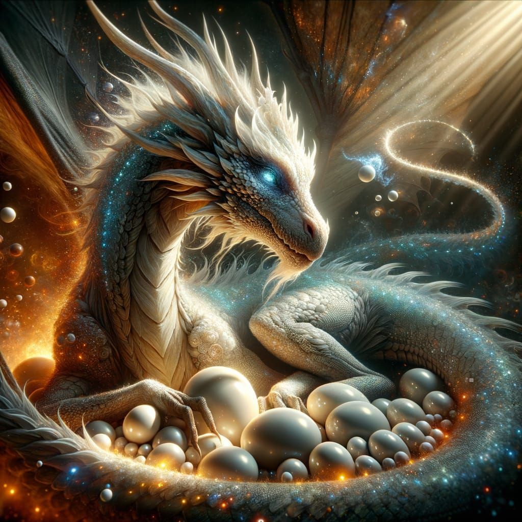 Majestic Mother Dragon Nestles Glowing Eggs