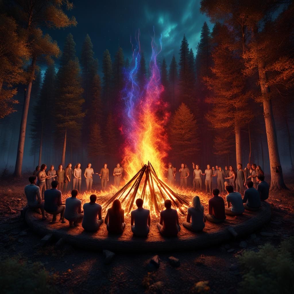 Rainbow Bonfire Under Starry Sky: Fantasy Concept Art