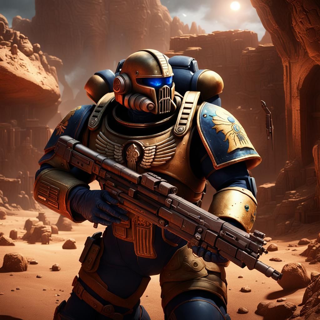 Space Marine Meal on Ancient Mars in Detailed Painting