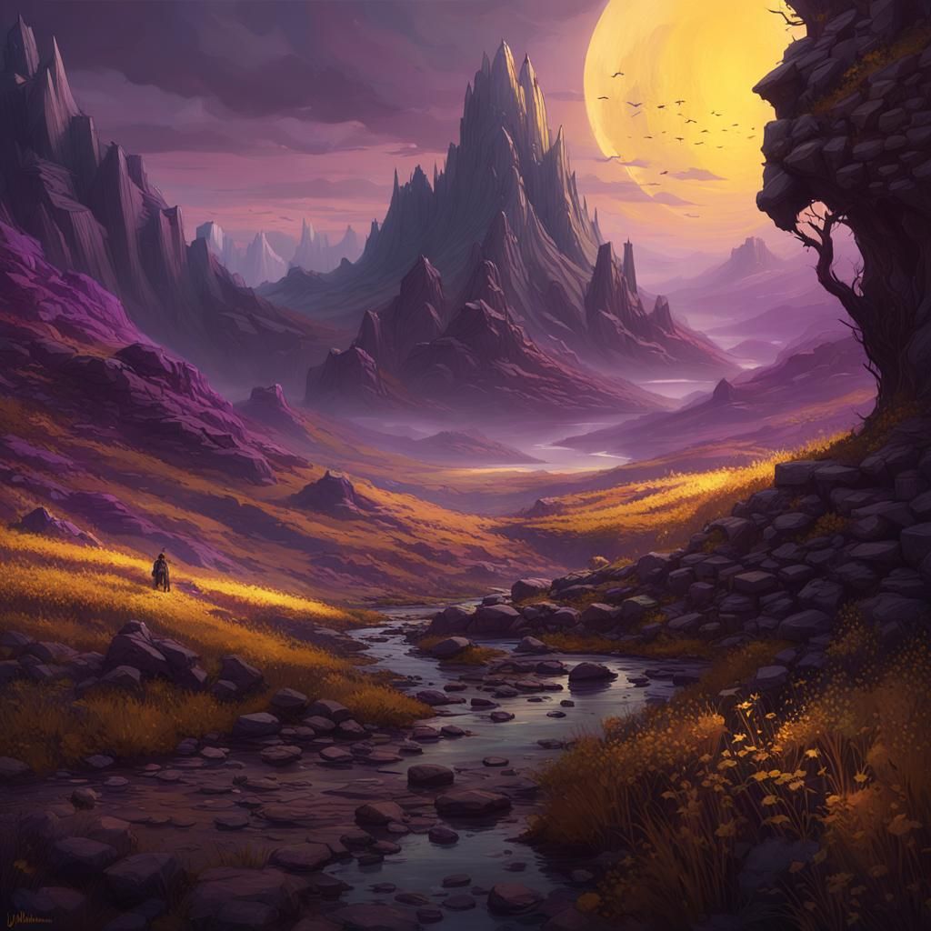 Dark Fantasy Landscape Art in Purple and Yellow