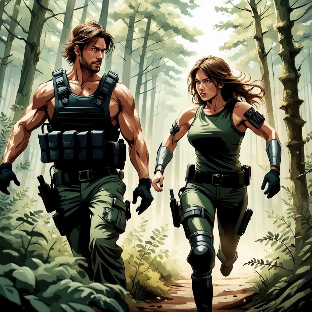 Cybernetic Fugitive Ambush in Dense Forest