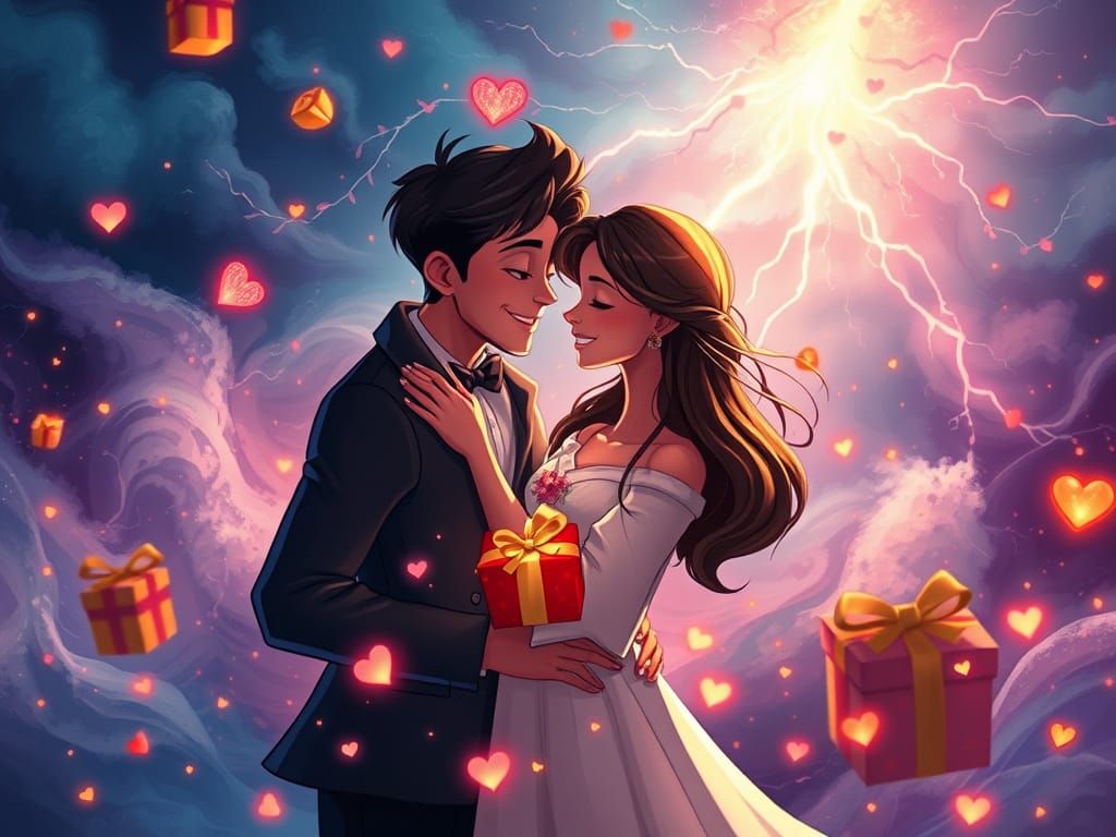 Whimsical Disney-Inspired Couple Embracing Amidst a Swirling...