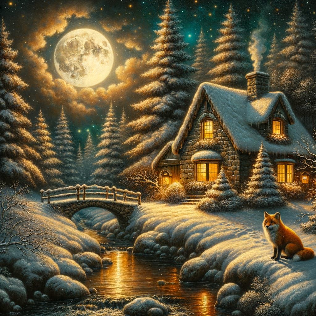 Enchanting Winter Cottage Scene in Classic Oil Painting Styl...