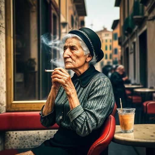 An old Italian woman smoking a cigarette at a Cafe in Rome.