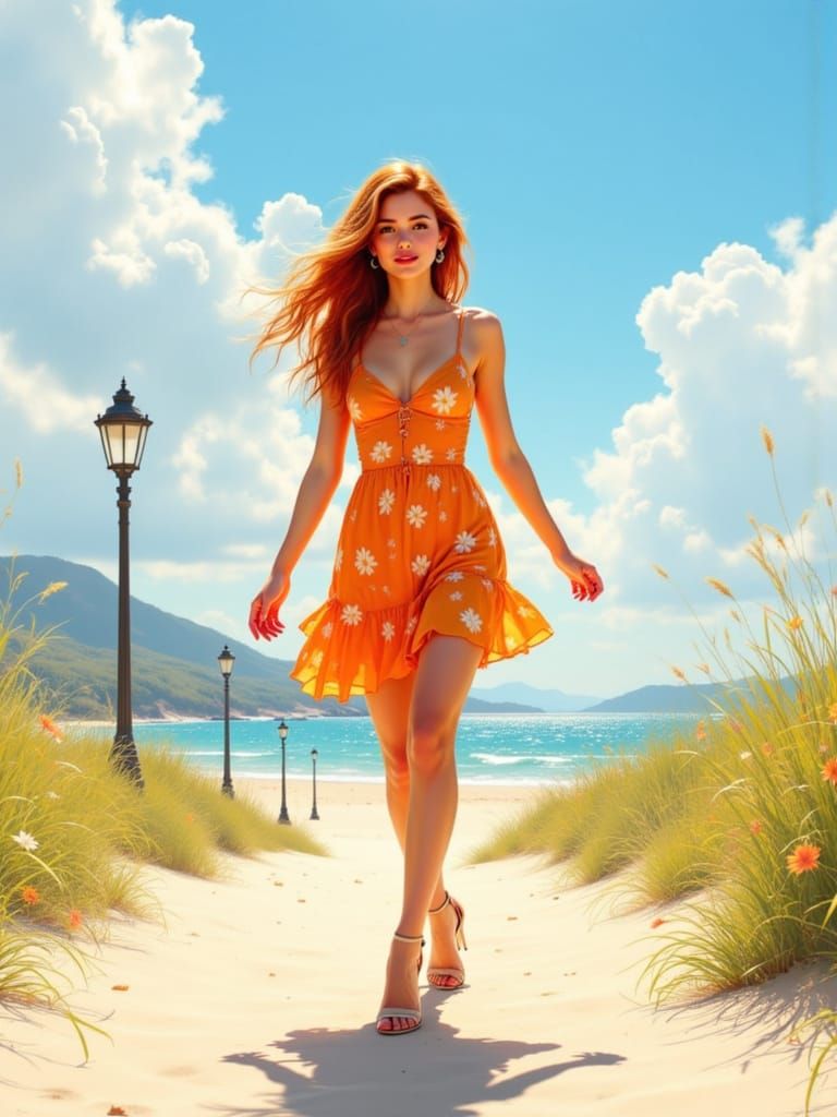Elegant Summer Goddess Strolls the Coastal Promenade