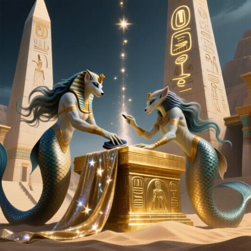 Art Deco Lost City with Sphinx-Mermaid Polishing Golden Alta...