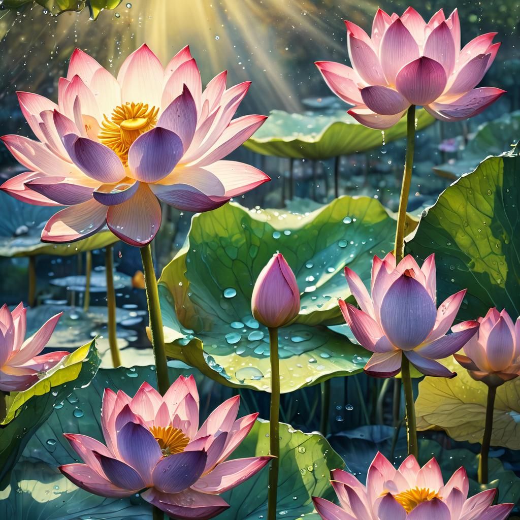 Lotus and Dewdrops in Watercolor Style