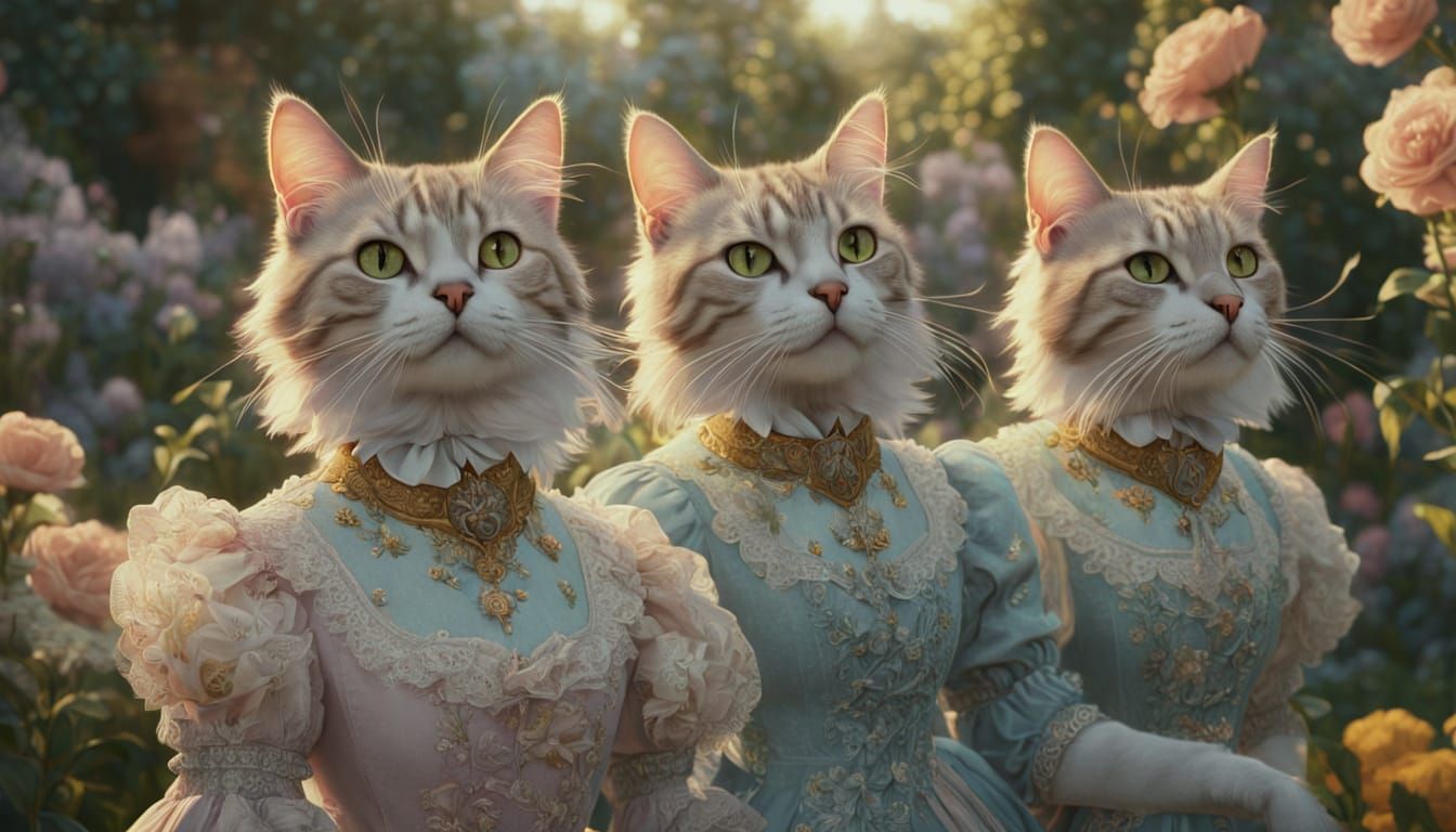 Cats' Rococo Garden Party in Pastel Colors