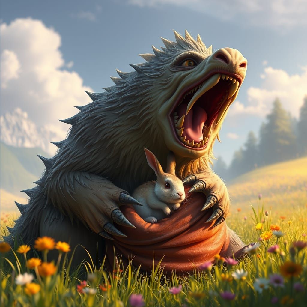 Gentle Beast Cradles Bunny in Lush Meadow