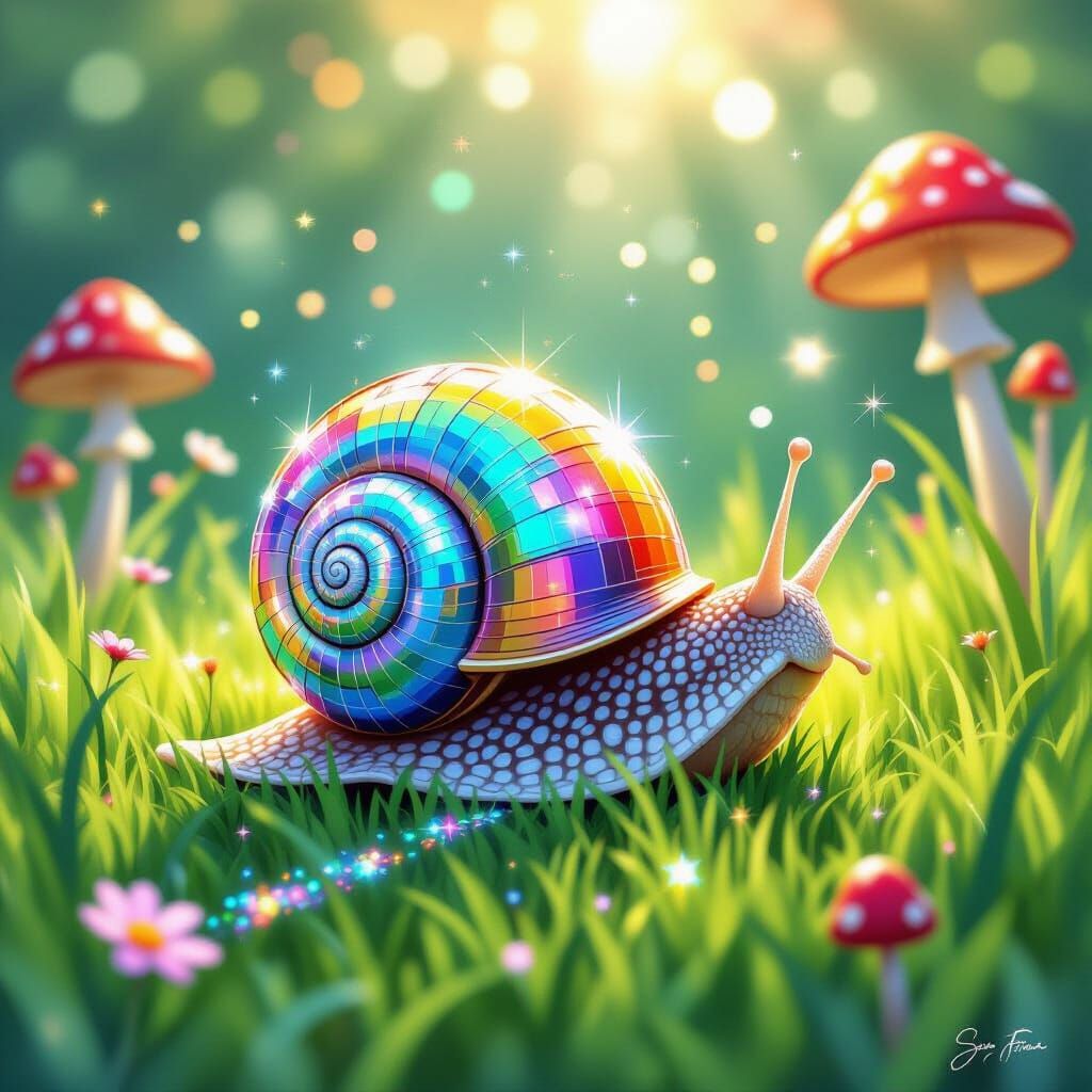 Disco Snail in Dewy Grass with Rainbow Lights
