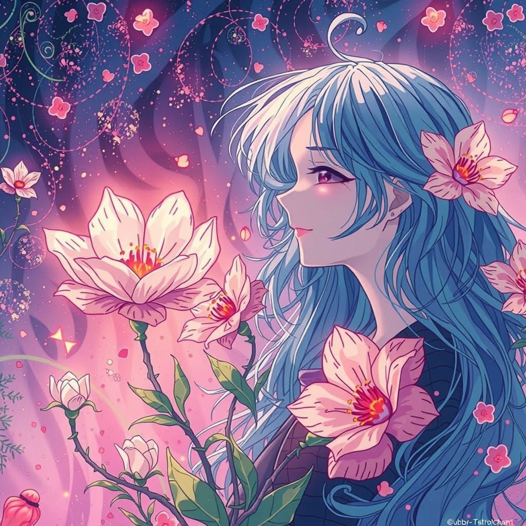 Surreal Floral Dreamscape in Anime Style