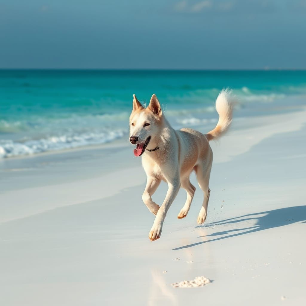 Russian Wolfhound Dog Plays on Turquoise Beach