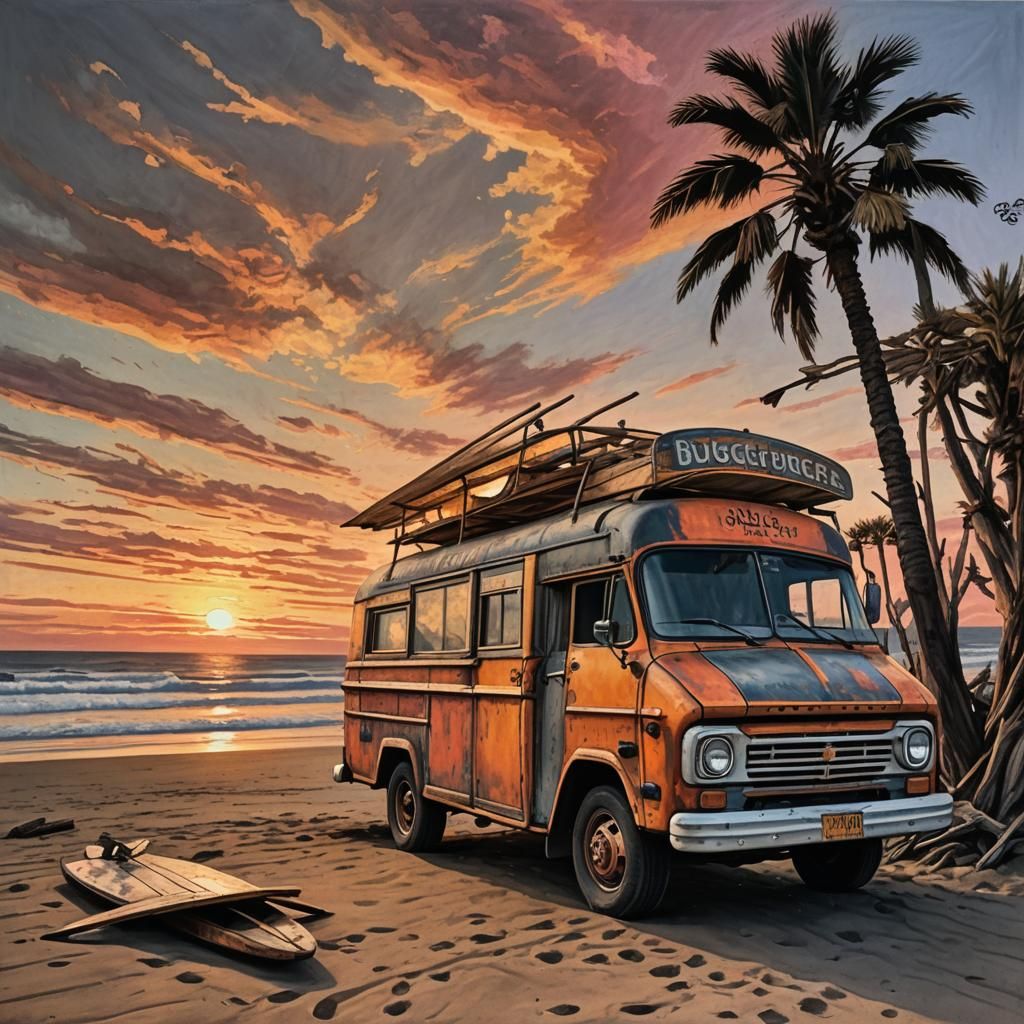 Vintage Burger Truck on California Beach: Charcoal Drawing