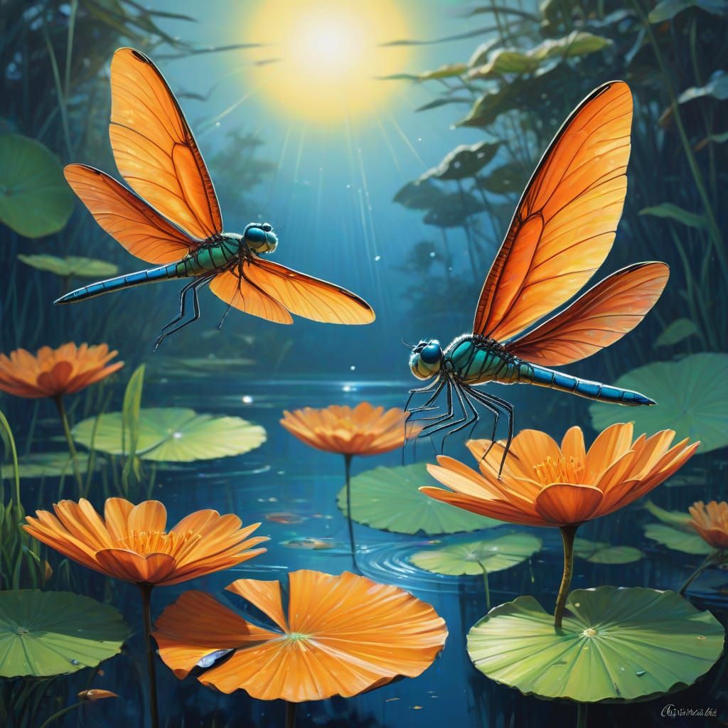 Surreal Dragonflies Leap Over Lily Pads in Triadic Colors