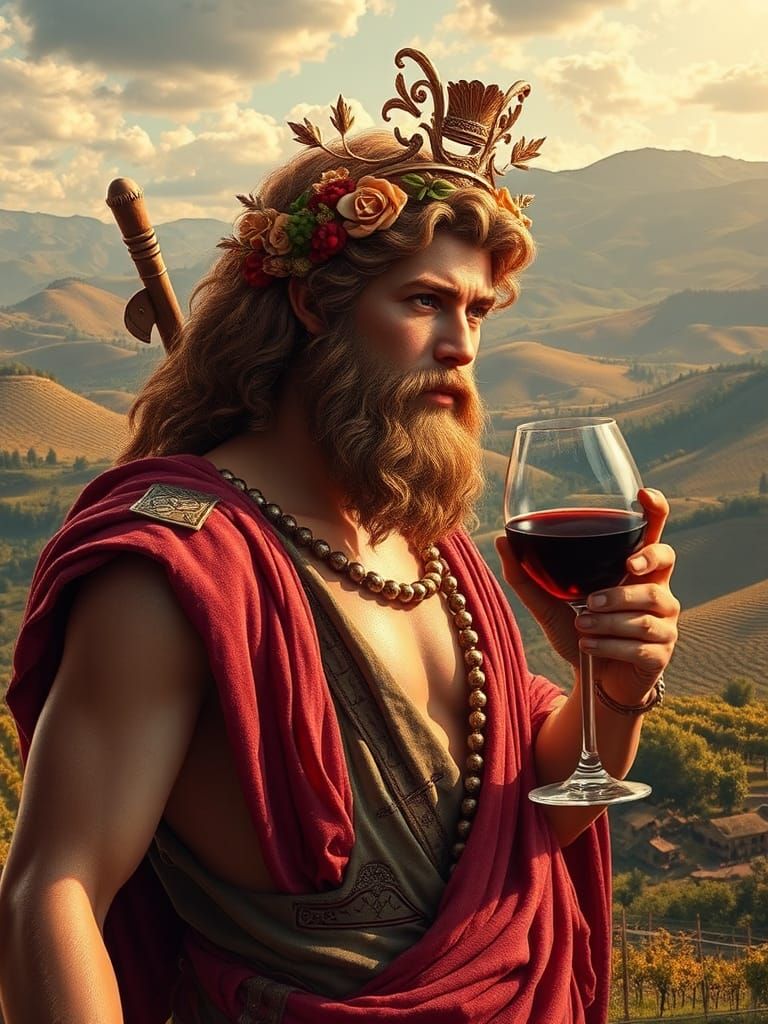 Bacchus in a Vibrant Digital Painting of Ancient Vineyards