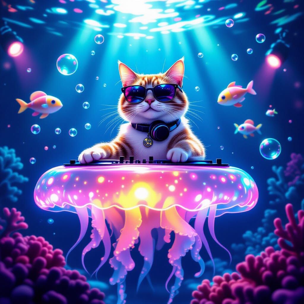 Cool Cat DJing on Jellyfish Table in Underwater Disco