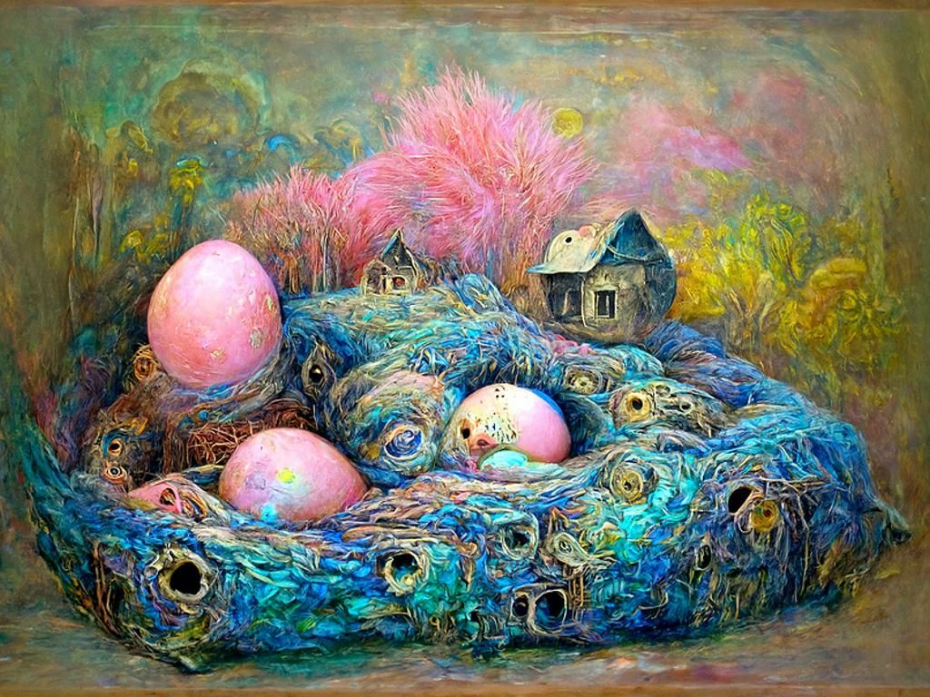 Eggs in Nest with Starry Sky, in Pastel Tonalism