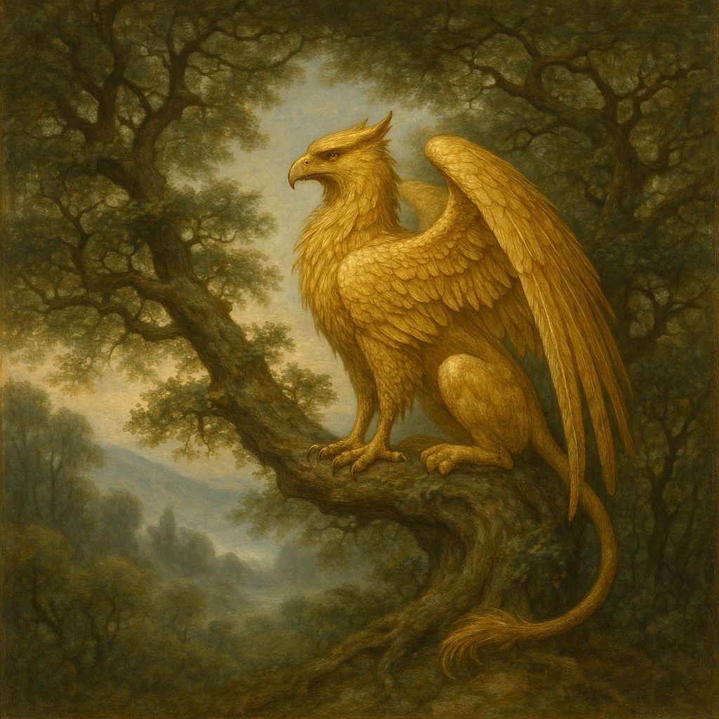 Golden Griffin in Misty Valley, Classical Oil Painting
