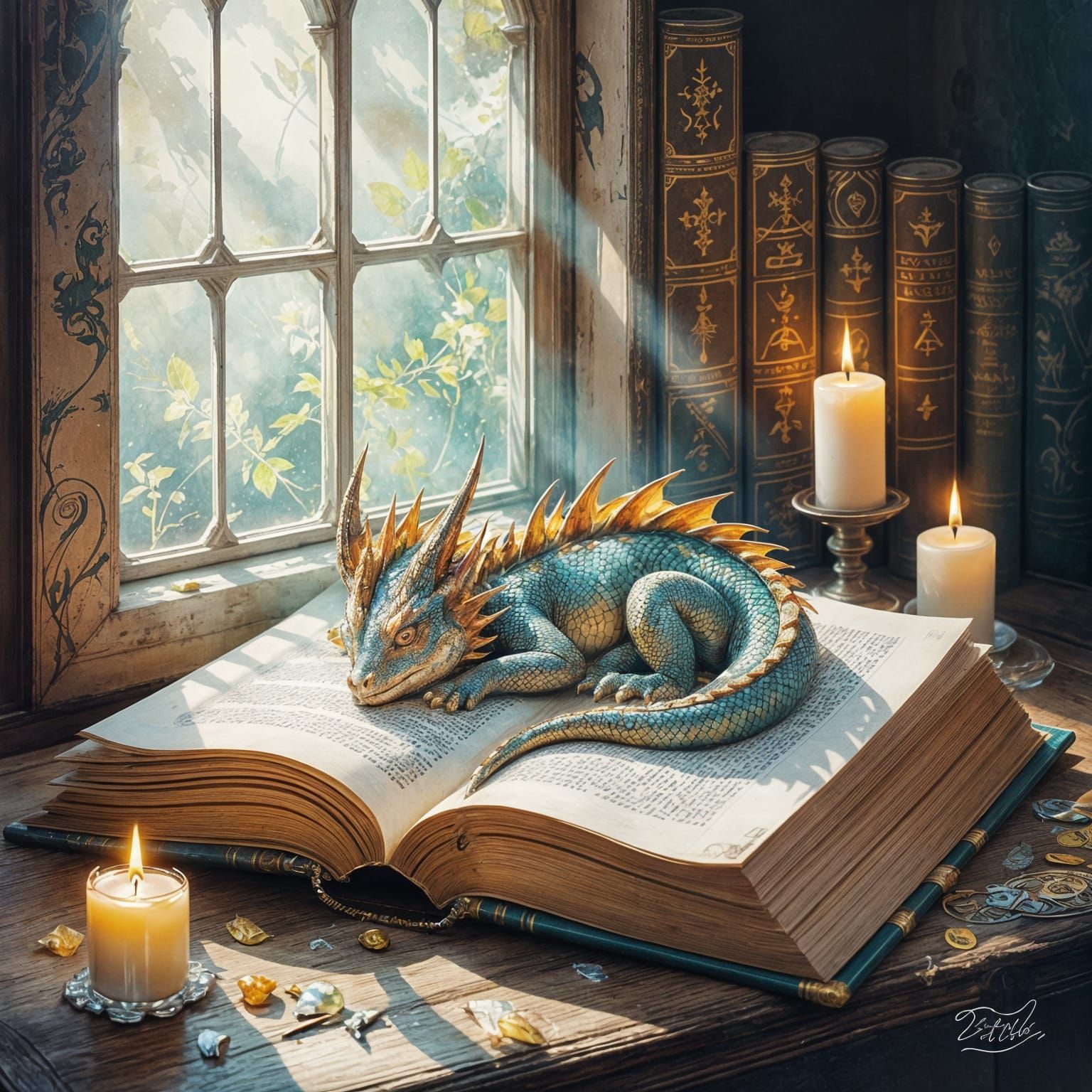 Dragon Asleep in Book: Surreal Gouache Painting