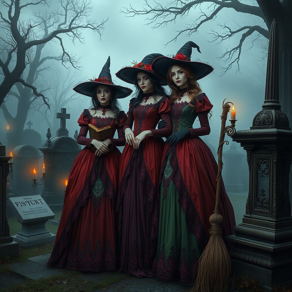 Gothic Victorian Witches in a Mystical Cemetery