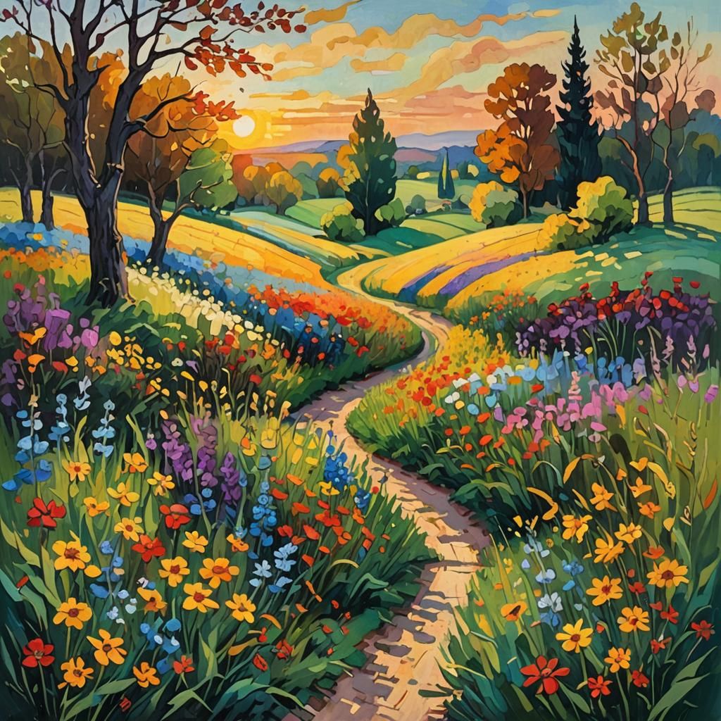 Impressionist Flower Meadow Landscape as Gouache Painting