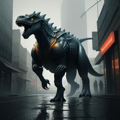 Cosmic Entity Walking in City with Dinosaur