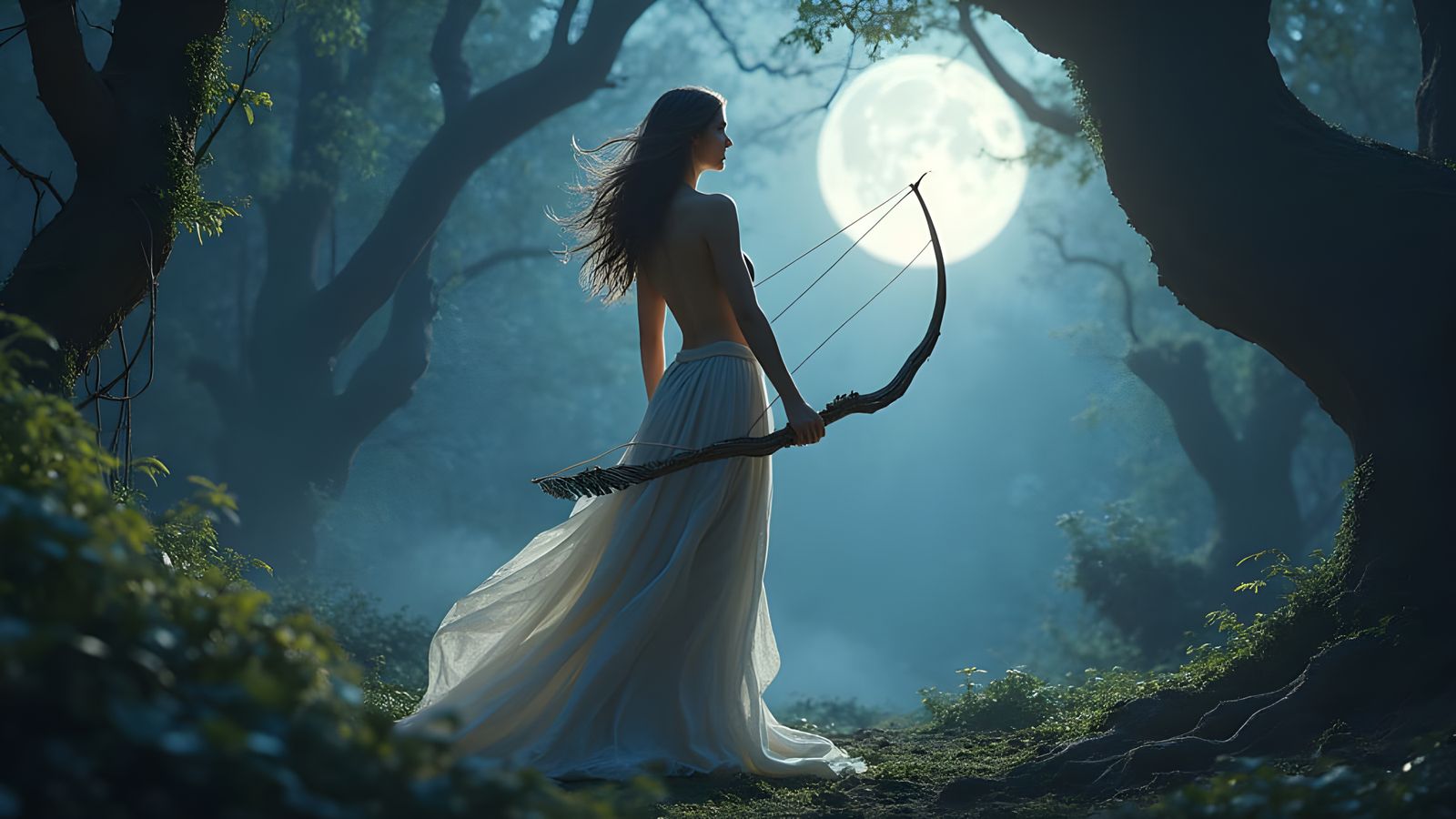 Classical Goddess Artemis in Moonlit Forest
