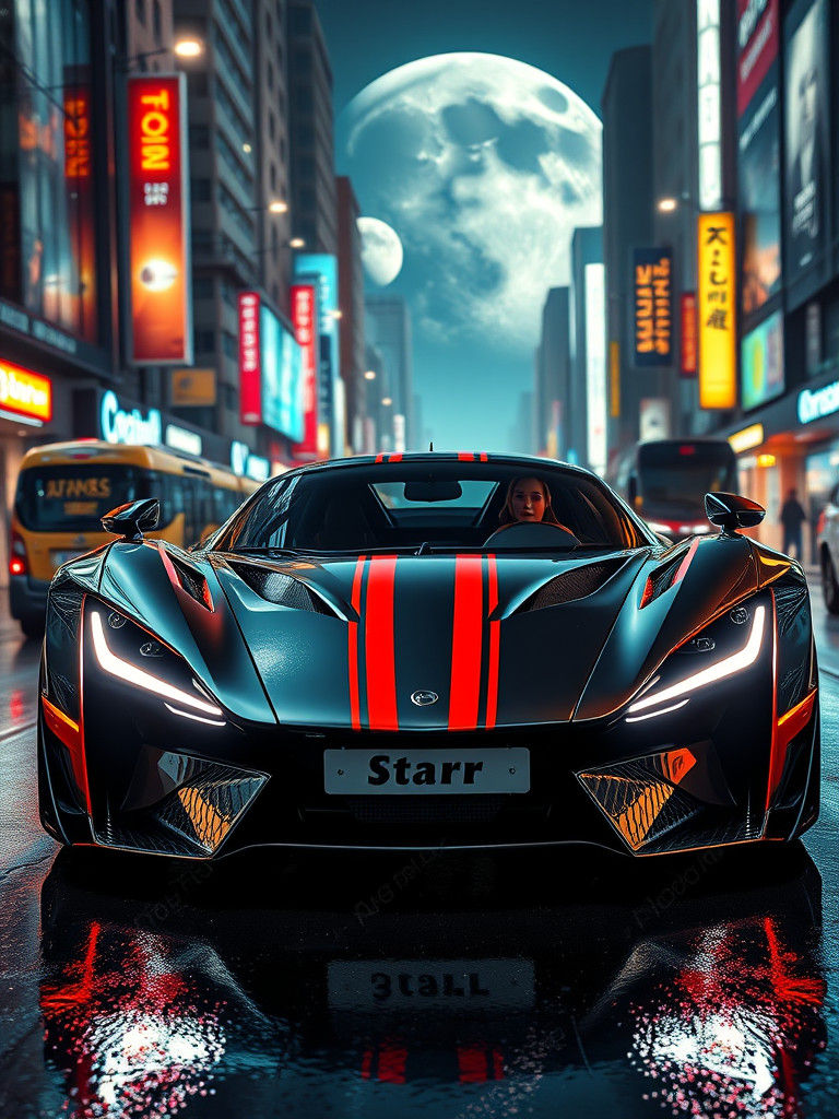 Futuristic Sports Car in Cyberpunk Cityscape