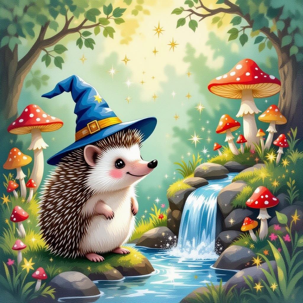 Whimsical Hedgehog in Magical Woodland Scene