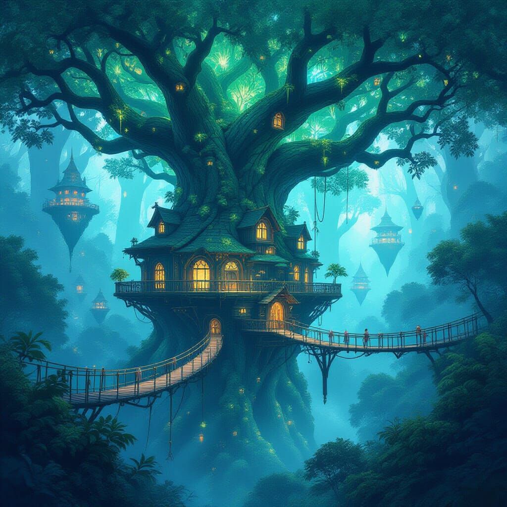 Bioluminescent Treehouse City in Fantasy Style