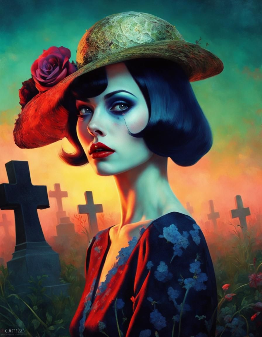 Attractive Zombie in Graveyard, Art Nouveau Style