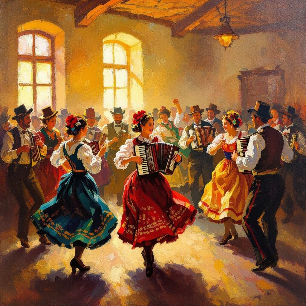 Vibrant Impressionist Oil Painting of a Lively Folk Dance