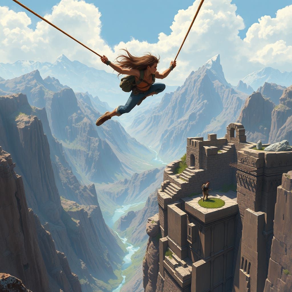 Adventurer Soaring to Cliffside Ruins in Dramatic Landscape