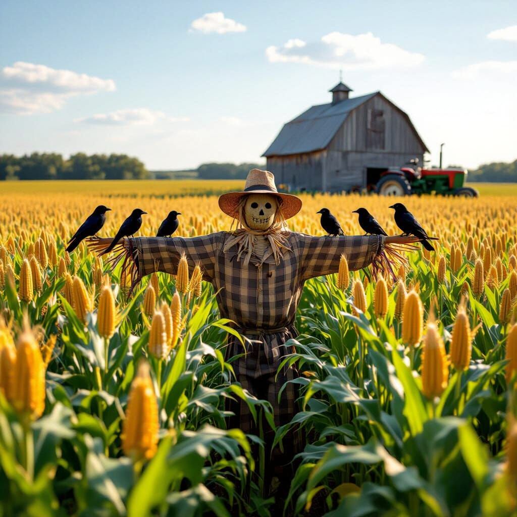 Vivid Cornfield Scene with Barn and Scarecrow